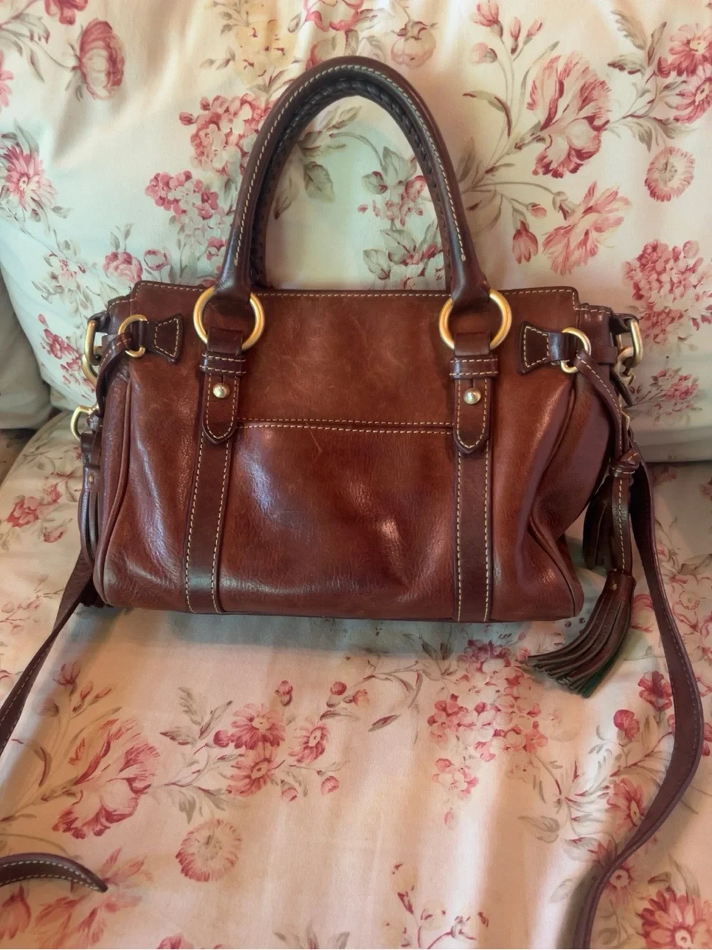 Dooney & Bourke Chocolate Brown Leather Satchel with Brass Hardware